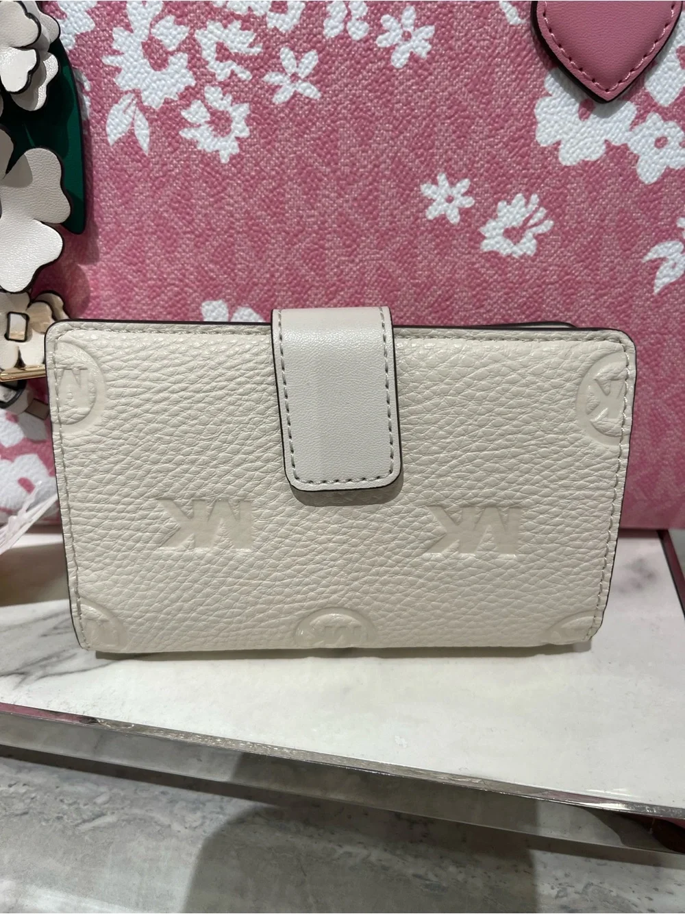 Michael Kors Jet Set Travel Med MK Logo Debossed Bifold Wallet Light Cream NWT
